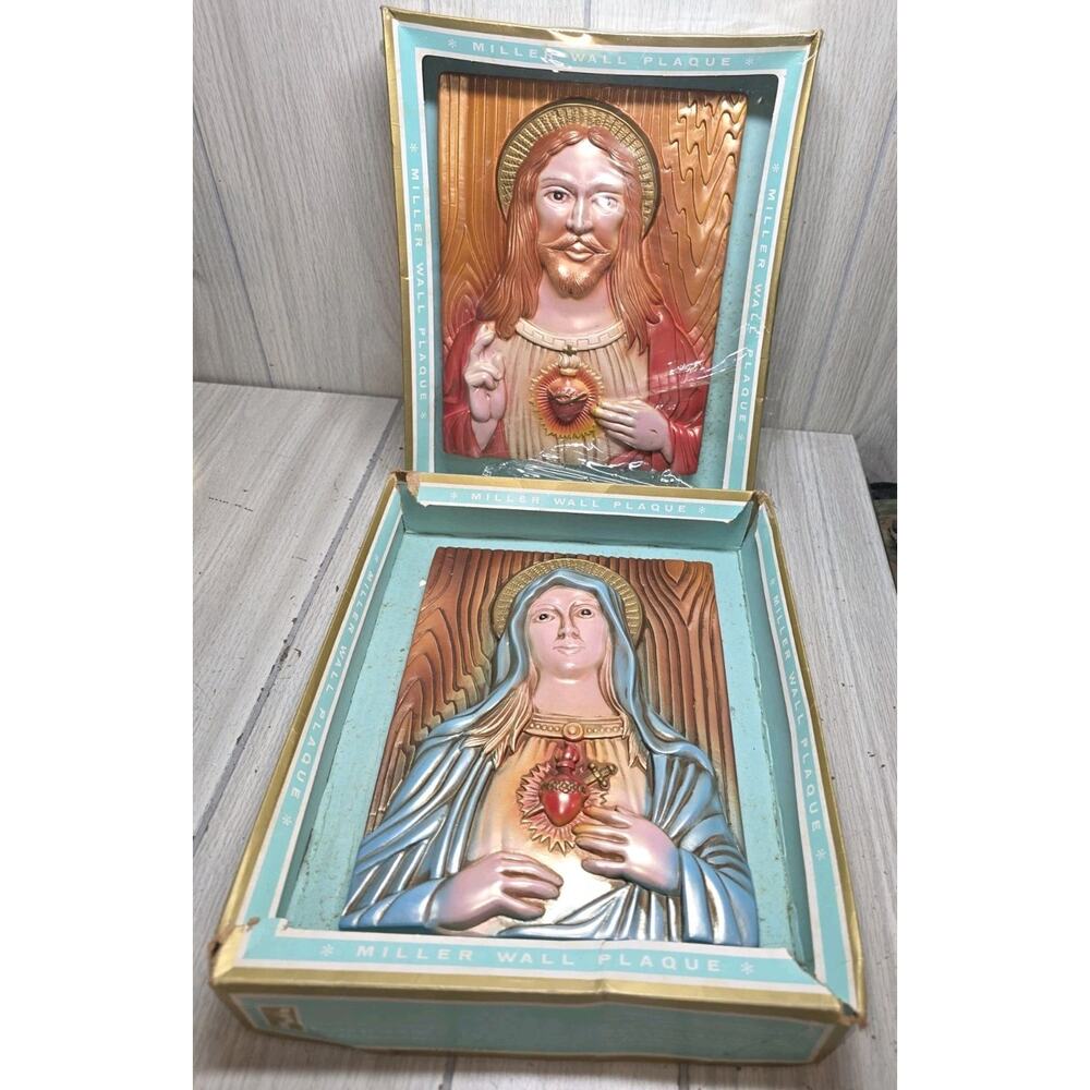 Vtg 1950s Miller Chalkware Sacred Heart Of Jesus & Mary Hand Painted Plaques NIB